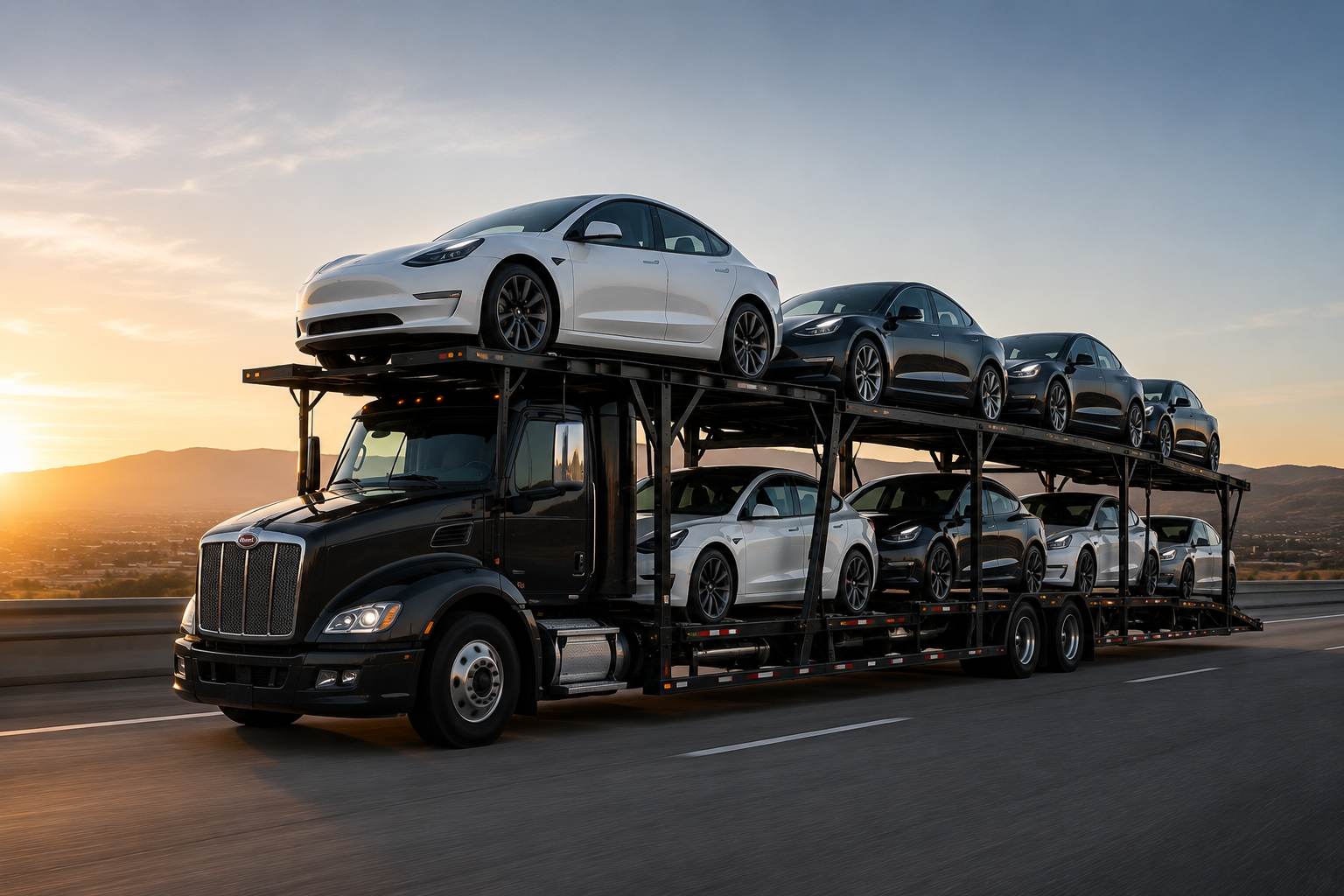 Open auto transport carrier loaded with vehicles
